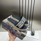 Christian Dior Dway Platform Slide Sandals Blue Embroidered Signature Strap With OG Carry Bag 3369 Blue