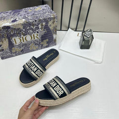 Christian Dior Dway Platform Slide Sandals Blue Embroidered Signature Strap With OG Carry Bag 3369 Blue