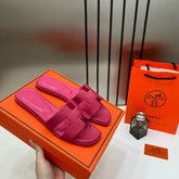 Hermes Paris Oran Flats For Her With OG Box & Carry Bag Rose Red Slide H38 Rose Red