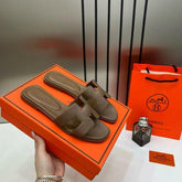Hermes Paris Oran Flats For Her With OG Box & Carry Bag Deep Khakhi Slide H38 Deep Khakhi