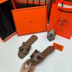 Hermes Paris Oran Flats For Her With OG Box & Carry Bag Deep Khakhi Slide H38 Deep Khakhi