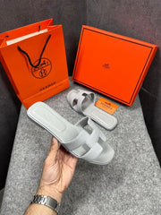 Hermes Paris Oran Flats For Her With OG Box & Carry Bag All Light Blue Slide H38 Light Blue
