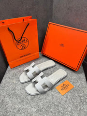 Hermes Paris Oran Flats For Her With OG Box & Carry Bag All Light Blue Slide H38 Light Blue