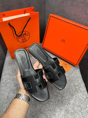 Hermes Paris Oran Flats For Her With OG Box & Carry Bag Black Slide H38 Black