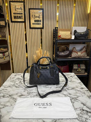 Guess Emera Logo Satchel Monogram Hand Bag With Dust Bag (Grey)