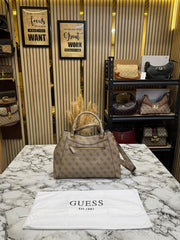 Guess Emera Logo Satchel Monogram Hand Bag With Dust Bag (Brown)