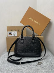 Louis Vuitton Alma BB Handbag Black Leather All-Over Embossed With OG Double Box Dust Cover Black 22783 Shell Black