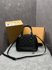 Louis Vuitton Alma BB Handbag Black Leather All-Over Embossed With OG Double Box Dust Cover Black 22783 Shell Black