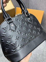 Louis Vuitton Alma BB Handbag Black Leather All-Over Embossed With OG Double Box Dust Cover Black 22783 Shell Black