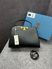 Tory Burch Eleanor leather Satchel Bag Signature Gold-Tons Double T hardware Plaque With OG Box Dust & Cover
