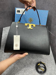 Tory Burch Eleanor leather Satchel Bag Signature Gold-Tons Double T hardware Plaque With OG Box Dust & Cover