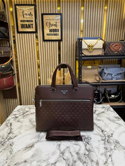 Armani Brown Monogram Embossed Pattern Leather Laptop Bag (A1970-5)