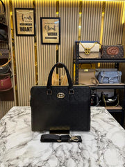 Gucci GG Monogram Embossed Executive Laptop Bag With Gold Logo And Strap (G205-5)