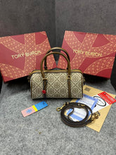 Tory Burch T Monogram Speedy Barrel Bag Hazelnut Brown Jacquard With OG Box & Dust Cover 163259