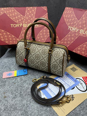 Tory Burch T Monogram Speedy Barrel Bag Hazelnut Brown Jacquard With OG Box & Dust Cover 163259