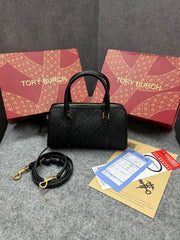 Tory Burch T Monogram Speedy Barrel Bag Black Jacquard With OG Box & Dust Cover 163259