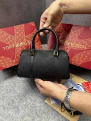 Tory Burch T Monogram Speedy Barrel Bag Black Jacquard With OG Box & Dust Cover 163259