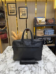 Prada Saffiano Trim Business Briefcase Bag (Black)(P8917)