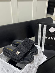 Chanel Camellia Classic FlipFlops With OG Box & Carry Bag (Black 1077)