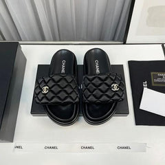 Chanel Camellia Classic FlipFlops With OG Box & Carry Bag (Black 1077)