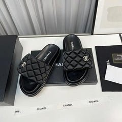 Chanel Camellia Classic FlipFlops With OG Box & Carry Bag (Black 1077)