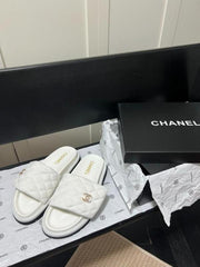Chanel Camellia Classic FlipFlops With OG Box & Carry Bag (White 1078)