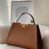 Tory Burch Eleanor leather Satchel Bag Brown Signature Gold Tons Double T hardware Plaque With OG Box Dust & Cover 3611