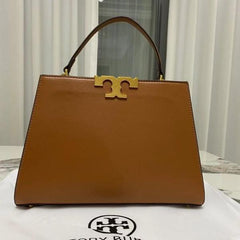 Tory Burch Eleanor leather Satchel Bag Brown Signature Gold Tons Double T hardware Plaque With OG Box Dust & Cover 3611