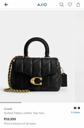 Coach Tabby Top Handle Bag Black With Quilting With OG Box Dust Cover & Carry Bag 9922 Black