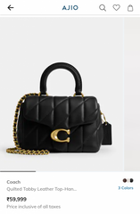 Coach Tabby Top Handle Bag Black With Quilting With OG Box Dust Cover & Carry Bag 9922 Black