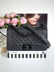 Chanel Boy Black Quilted Medium Grained Leather Handbag Black Tone Hardware With Dust Cover & Carry Bag Black Black 67086