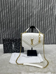 YSL Saint Laurent College Quilted Leather Bag White With OG Box Dust Cover & Carry Bag 1324 White