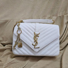 YSL Saint Laurent College Quilted Leather Bag White With OG Box Dust Cover & Carry Bag 1324 White