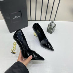 YSL Saint Laurent Opyum Black Patent Leather Logo-Heel Pumps with OG Box 2499-1 Black