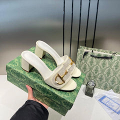 Gucci Horsebit Slide Sandals Mid Heel Iconic GG Canvas With OG Box & Carry Bag 1295 2 White