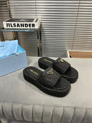 Prada Black Crochet Platform Slides Woven Raffia Texture With OG Box & Carry Bag Black 0015 1A