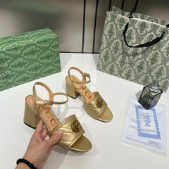 Gucci GG Marmont Gold Leather Block Heel Sandals GG Logo With OG Box & Carry Bag Gold 8058 3