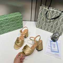 Gucci GG Marmont Gold Leather Block Heel Sandals GG Logo With OG Box & Carry Bag Gold 8058 3