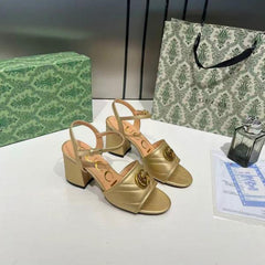 Gucci GG Marmont Gold Leather Block Heel Sandals GG Logo With OG Box & Carry Bag Gold 8058 3