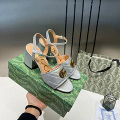 Gucci GG Marmont Silver Leather Block Heel Sandals GG Logo With OG Box & Carry Bag Silver 8058 3