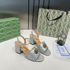 Gucci GG Marmont Silver Leather Block Heel Sandals GG Logo With OG Box & Carry Bag Silver 8058 3