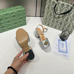 Gucci GG Marmont Silver Leather Block Heel Sandals GG Logo With OG Box & Carry Bag Silver 8058 3