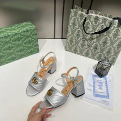 Gucci GG Marmont Silver Leather Block Heel Sandals GG Logo With OG Box & Carry Bag Silver 8058 3