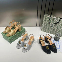 Gucci GG Marmont Silver Leather Block Heel Sandals GG Logo With OG Box & Carry Bag Silver 8058 3