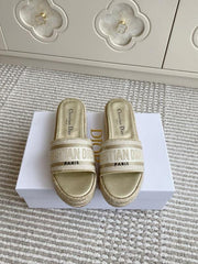 Christian Dior Dway Platform Slide Sandals Gold Embroidered Signature Strap With OG Carry Bag 3369 Gold
