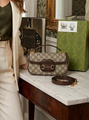 Gucci Horsebit Top Handle 1955 Shoulder Bag Brown With Khakhi GG Monogram Canvas Signature Horsebit With Dust Cover & OG Box 88288