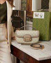 Gucci Horsebit Top Handle 1955 Shoulder Bag Beige GG Monogram Canvas Signature Horsebit With Dust Cover & OG Box 88288