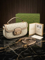 Gucci Horsebit Top Handle 1955 Shoulder Bag Beige GG Monogram Canvas Signature Horsebit With Dust Cover & OG Box 88288