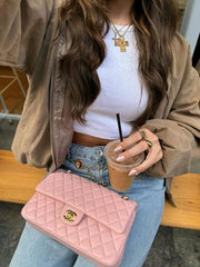 Chanel Classic Flap Pink Medium Lambskin With OG Box & Dust Bag 1818 Pink Gold