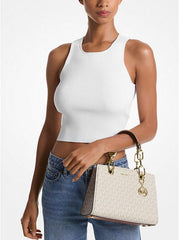 Michael Kors Cynthia Small Signature Logo atchel With OG Box & Carry Bag Beige Brown 2427